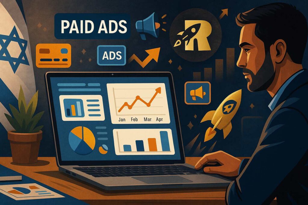 איור המחשה של אדם בחליפה יושב מול לפטופ שמציג מדדי התקדמות בתהליכי שיווק ממומן.