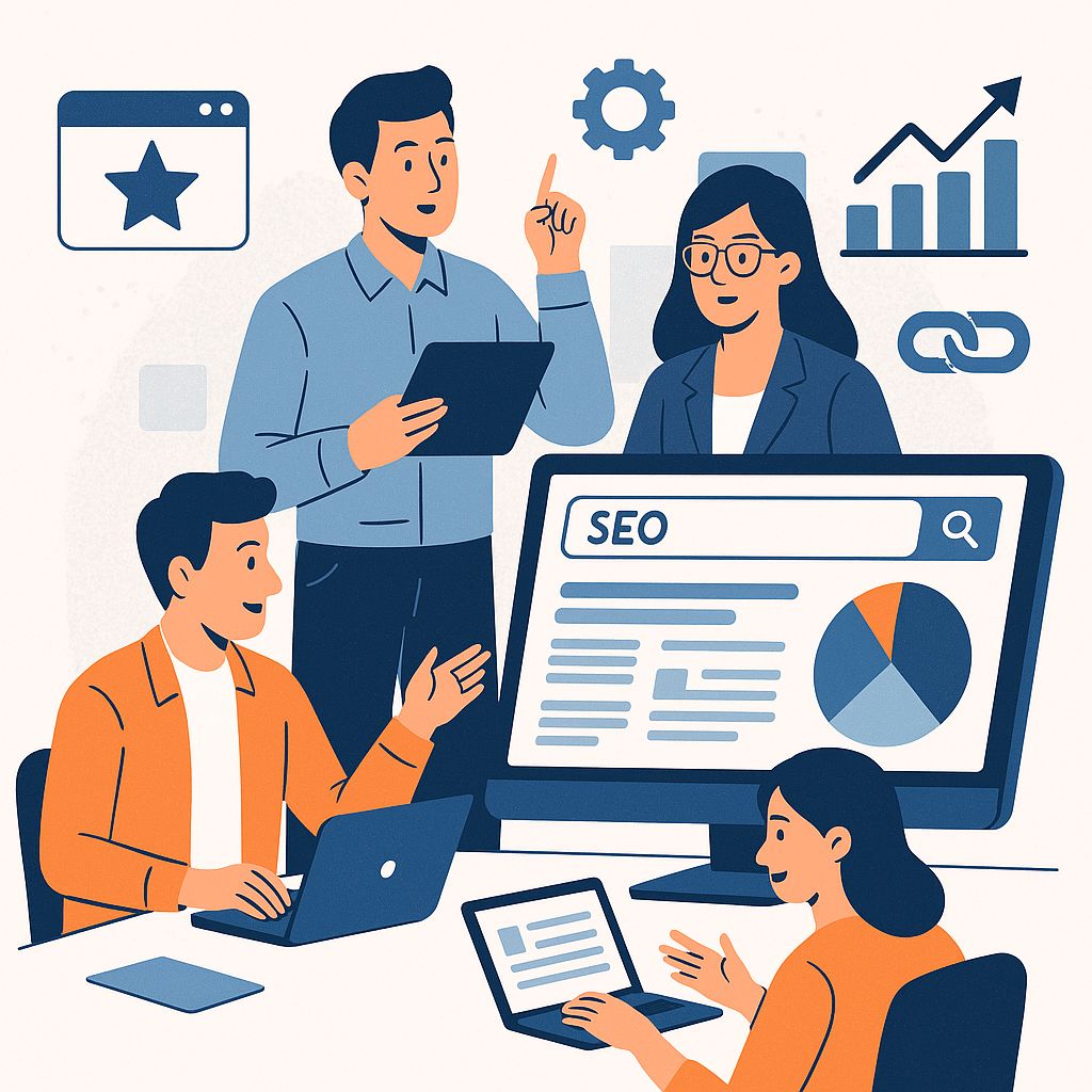 סוכנות קידום אתרים - המחשה של סוכנות קידום אתרים באמצעות דמויות העמלות על קידום אתרים.