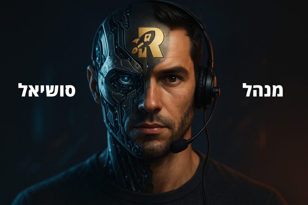 מנהל סושיאל של דור העתיד עם חצי פני אדם וחצי פני רובוט כאשר אוזנייה לראשו והלוגו של רוקט דיגיטל על מצחו - ברוקט דיגיטל.